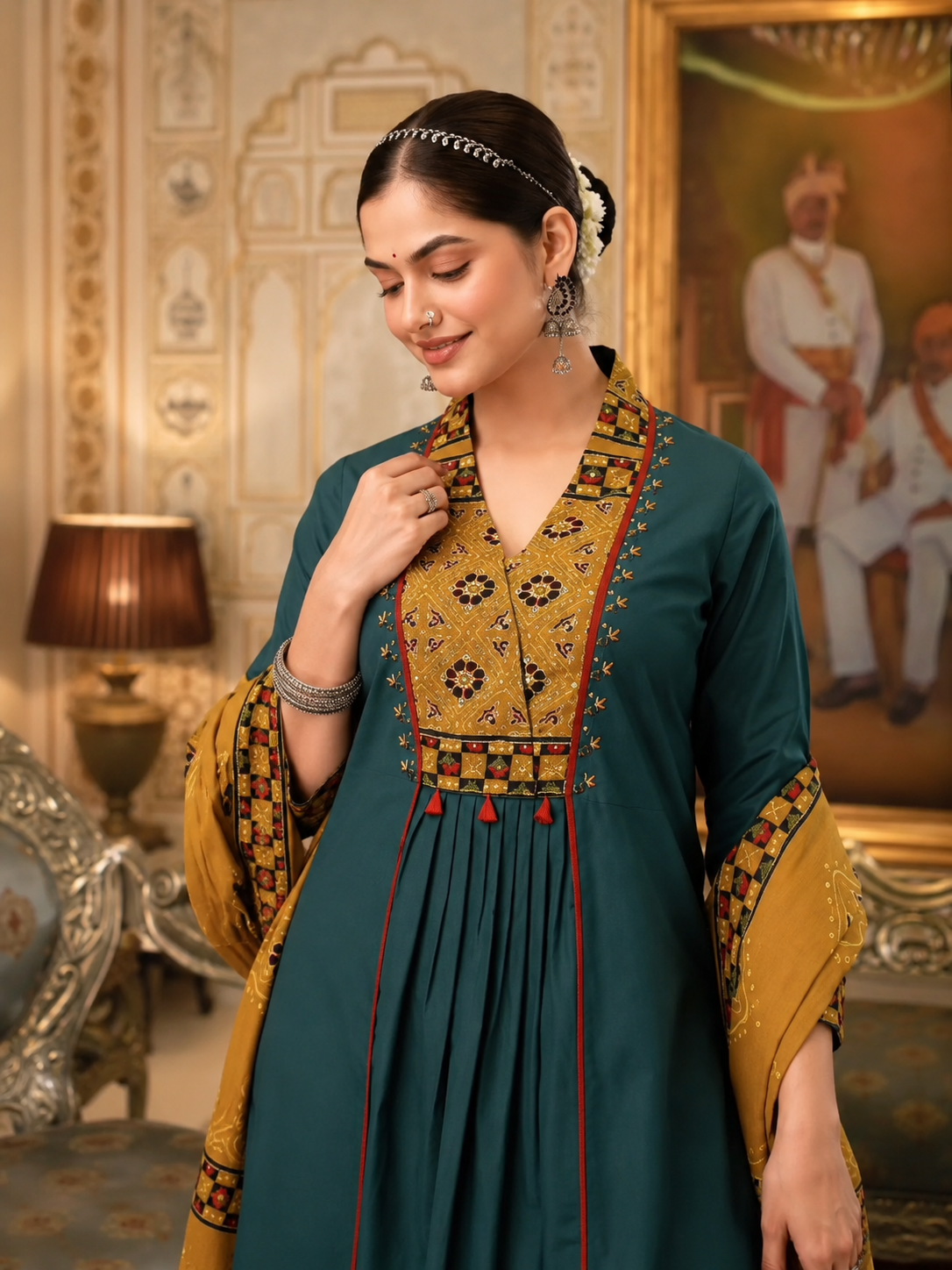 Teal Green Embroidered Anarkali Kurta Pant Set
