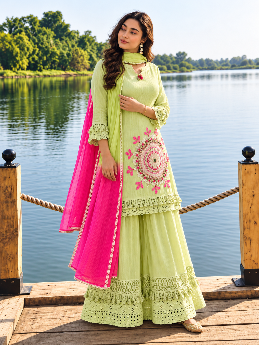Pista Green Schiffli Embroidered Kurta Sharara Dupatta Set for Women