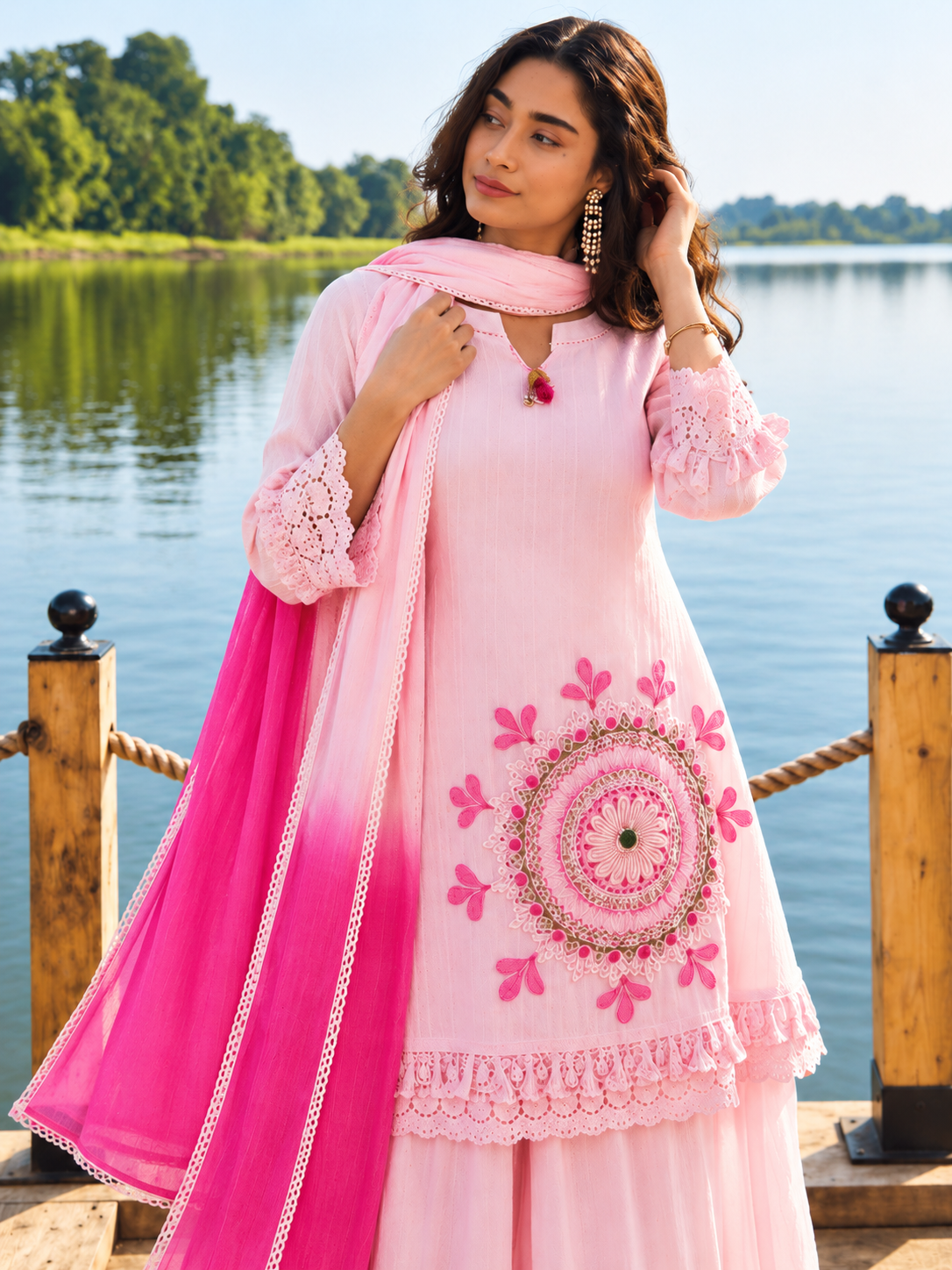 Baby Pink Pure Cotton Schiffli Kurta Sharara Lahariya Dupatta Set for Women