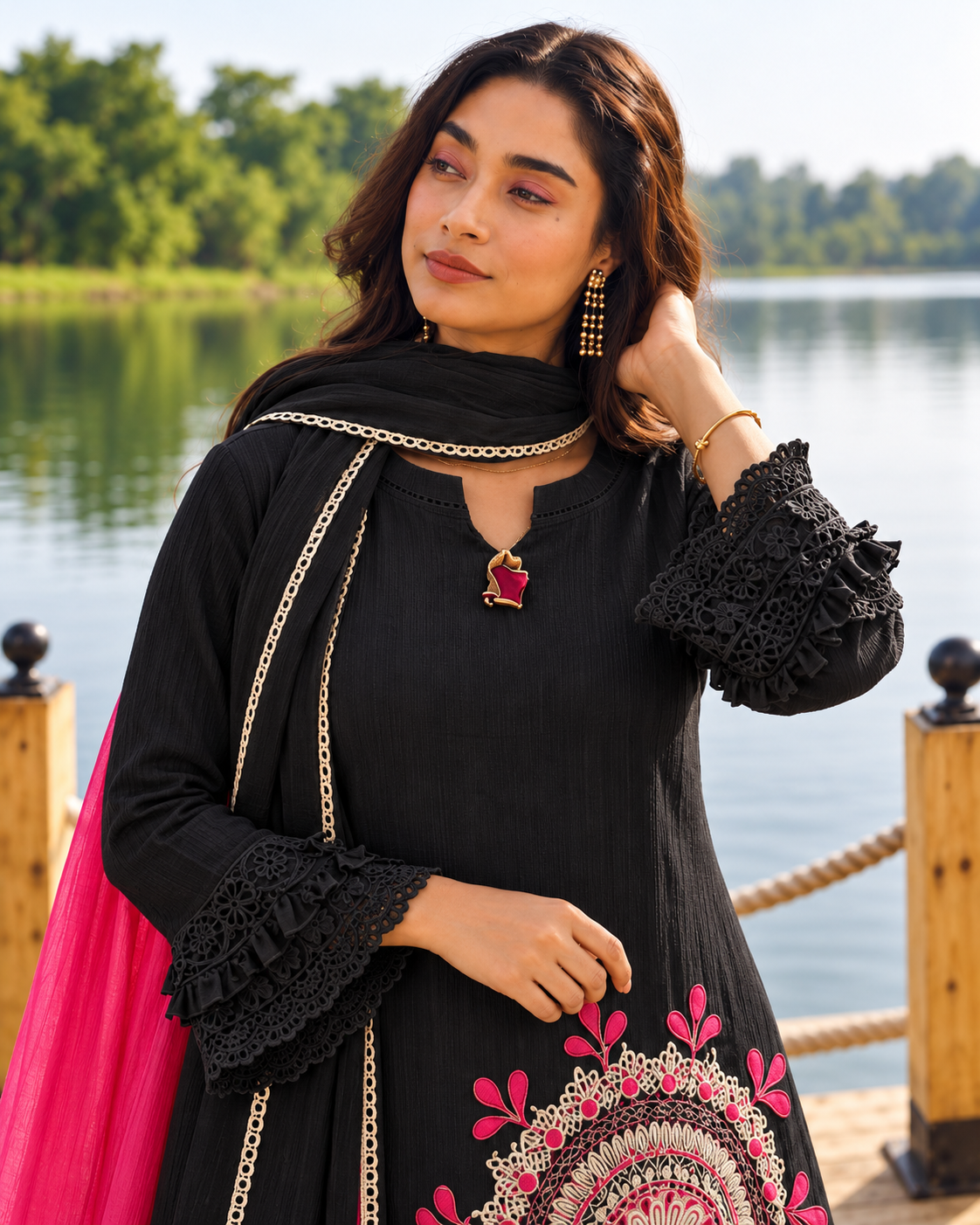 Black Pure Cotton Schiffli Kurta Sharara Lahariya Dupatta Set for Women