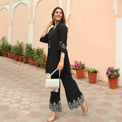 Elegant Black Festive Ethnic Co-ord Set with Pearl Work