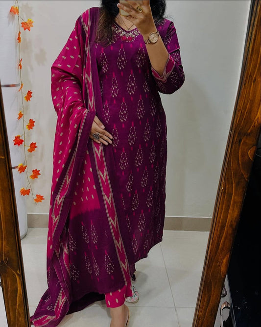 Magenta Ikka Print Cotton Kurta Set With Contrast Dupatta