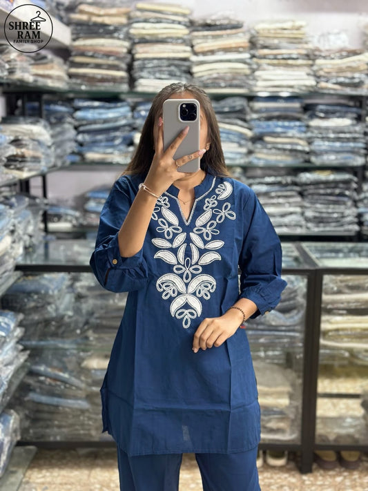 Prussian Blue Embroidered Ethnic Co-ord Set for Women
