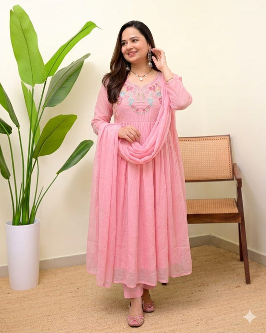 Blush Pink Cotton Embroidered Anarkali Kurta Set with Dupatta