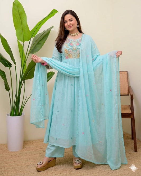 Aqua Blue Cotton Embroidered Anarkali Kurta Set with Dupatta