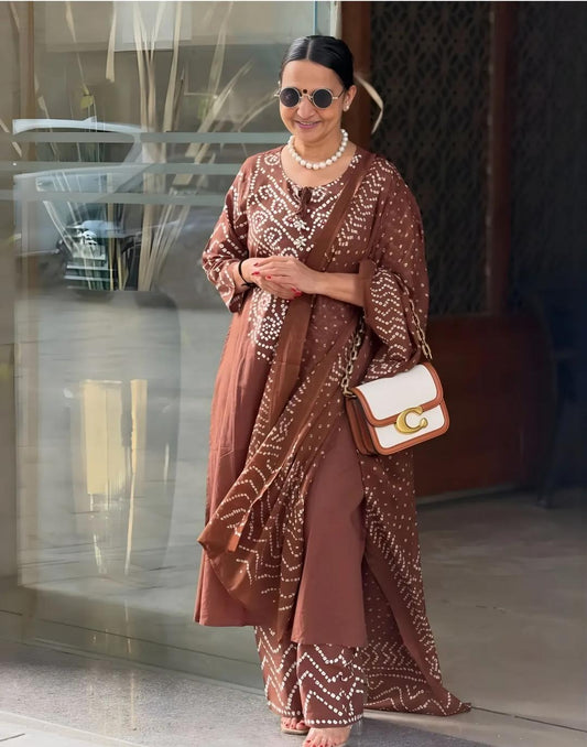 Brown Bandhani Print Cotton Kurta Set with Dupatta