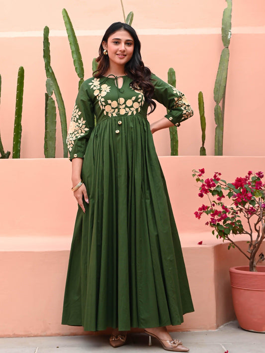 Forest Green Anarkali Gown With Floral Embroidery