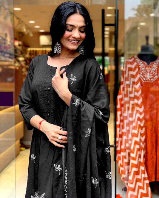 Premium Black Cotton Floral Printed Kurta Set