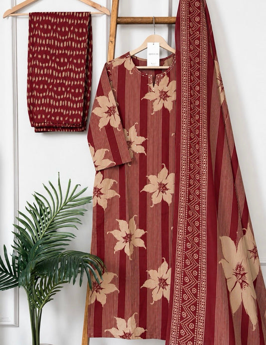 Maroon Floral Printed Kurta Pant Set with Dupatta for Women