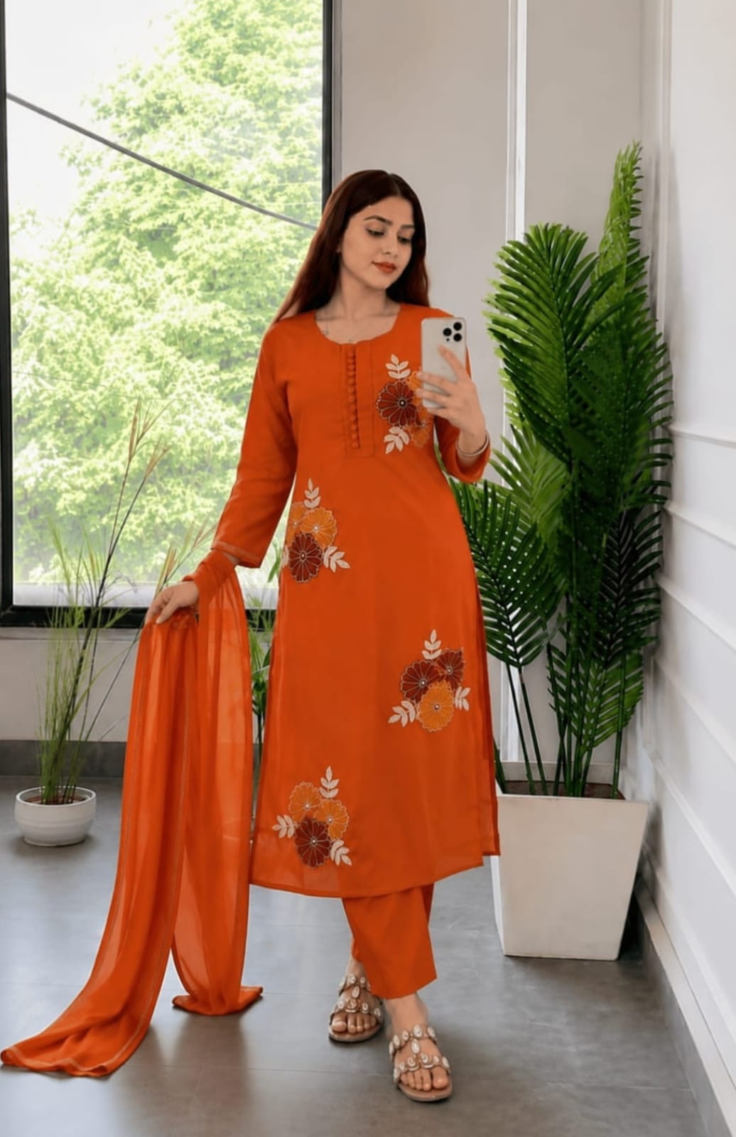 Rust Orange Floral Embroidered Kurta Pant Dupatta Set for Women