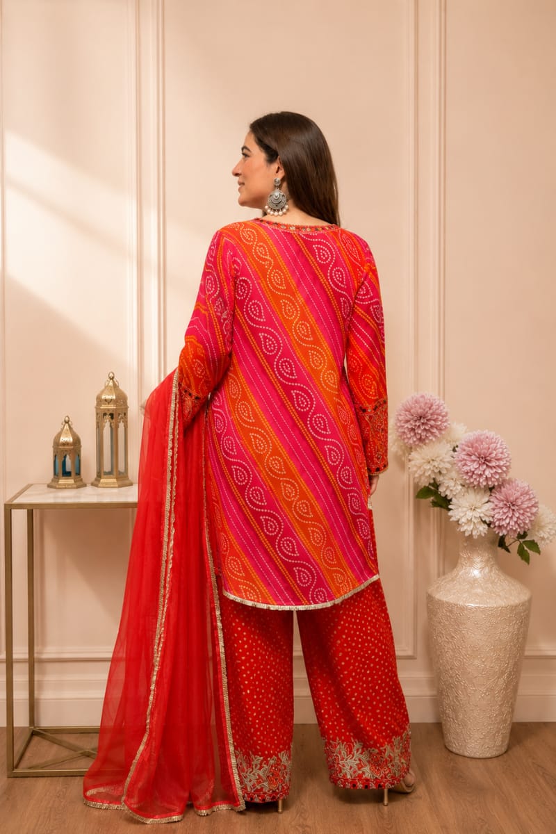 Red Bandhani Embroidered Kurta Salwar Dupatta Set for Women