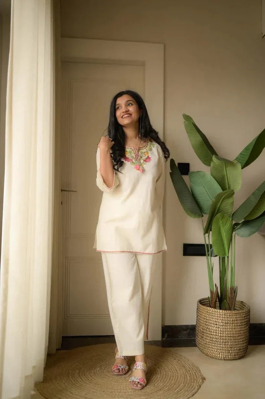 Off-White Embroidered Ethnic Co-ord Set with Tassels