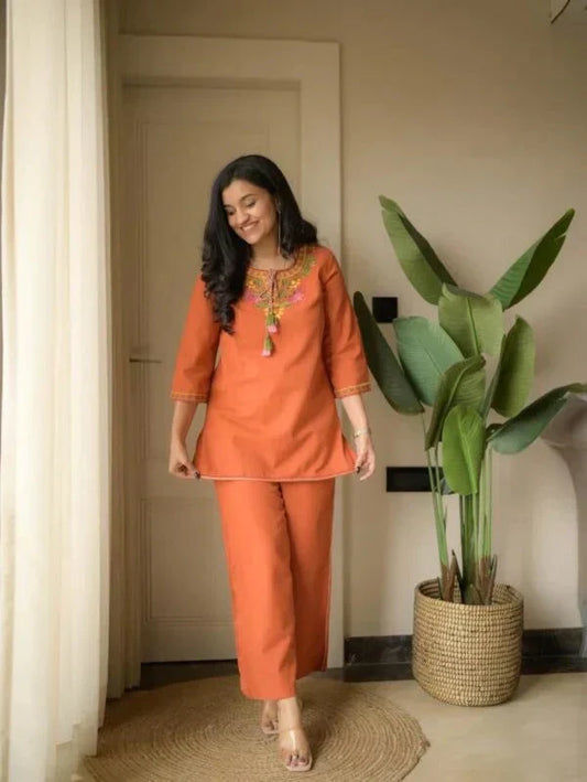 Peach Embroidered Ethnic Co-ord Set with Tassels