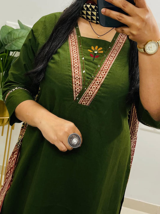 Dabu Cotton Green Kurta Set with Ajrakh Print Palazzo & Dupatta for Women