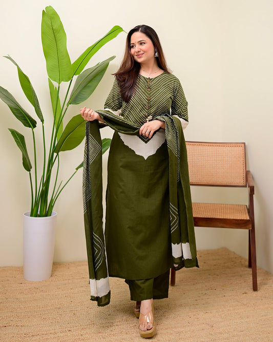 Olive Bandhej Aura Cotton Palazzo Suit