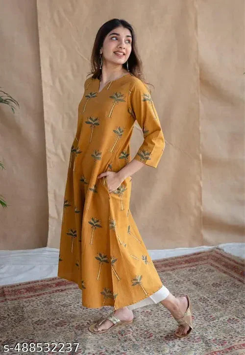 Premium Mustard Printed A-Line Kurti Set