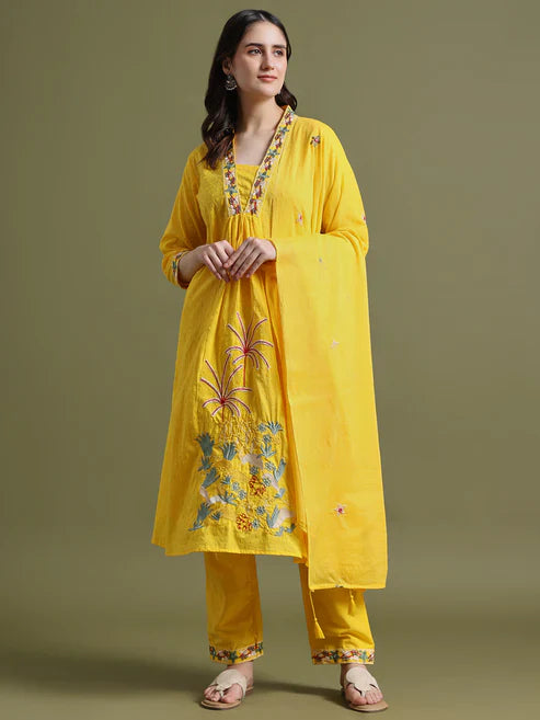 Yellow Cotton Embroidered Kurta Set with Dupatta