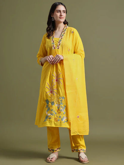 Yellow Cotton Embroidered Kurta Set with Dupatta