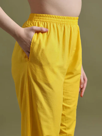 Yellow Cotton Embroidered Kurta Set with Dupatta