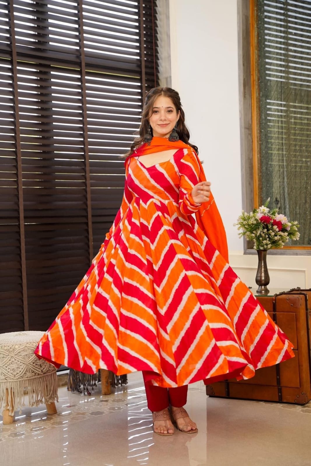 Orange Lehriya Cotton Kurta Set for Women