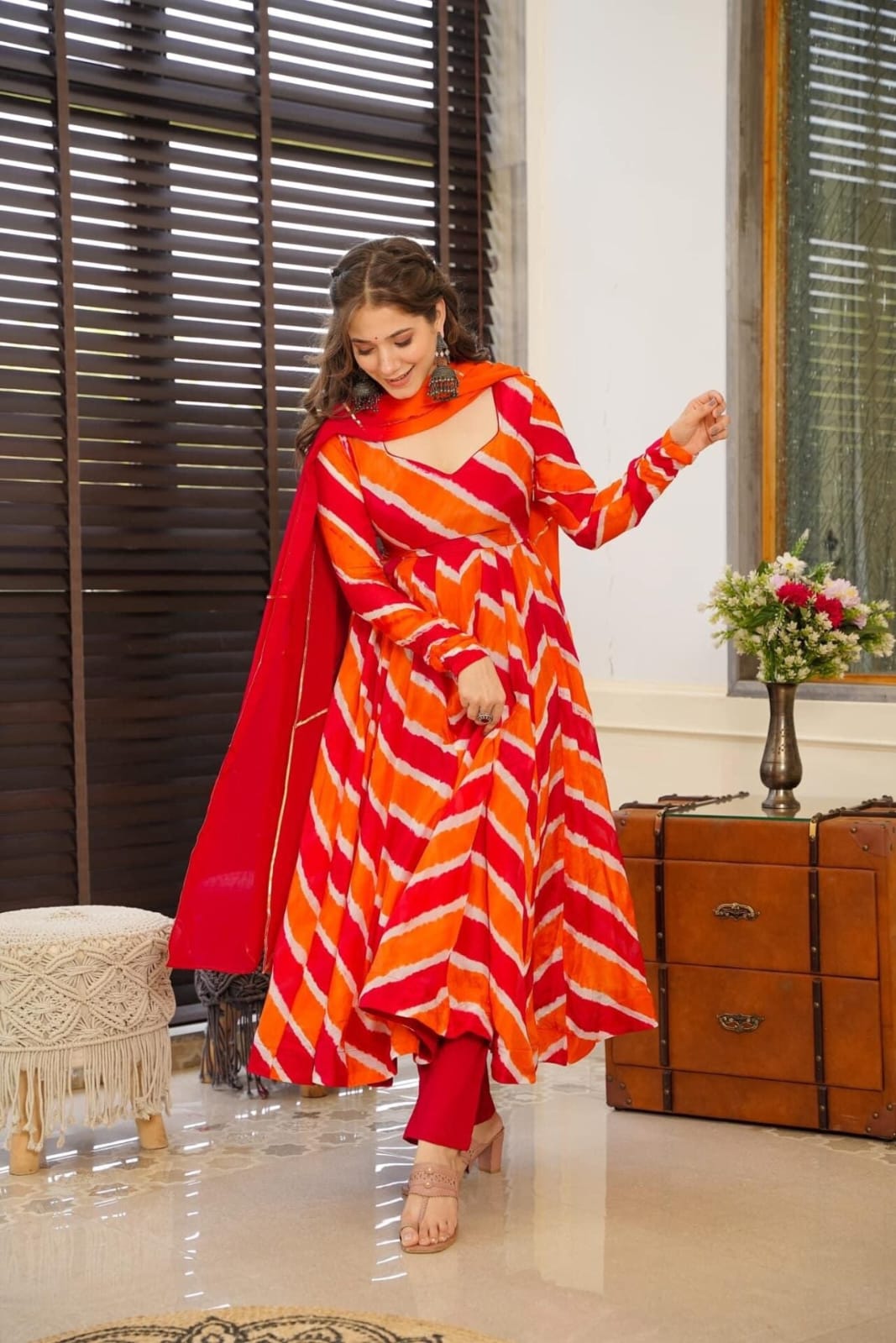 Orange Lehriya Cotton Kurta Set for Women