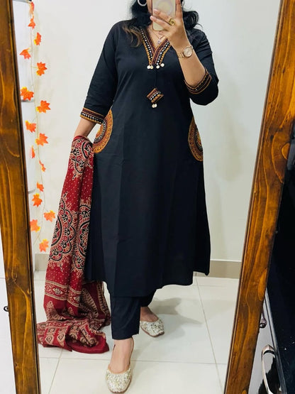 Elegant Black Embroidered Kurta Set with Maroon Ajrakh Print Dupatta for Women