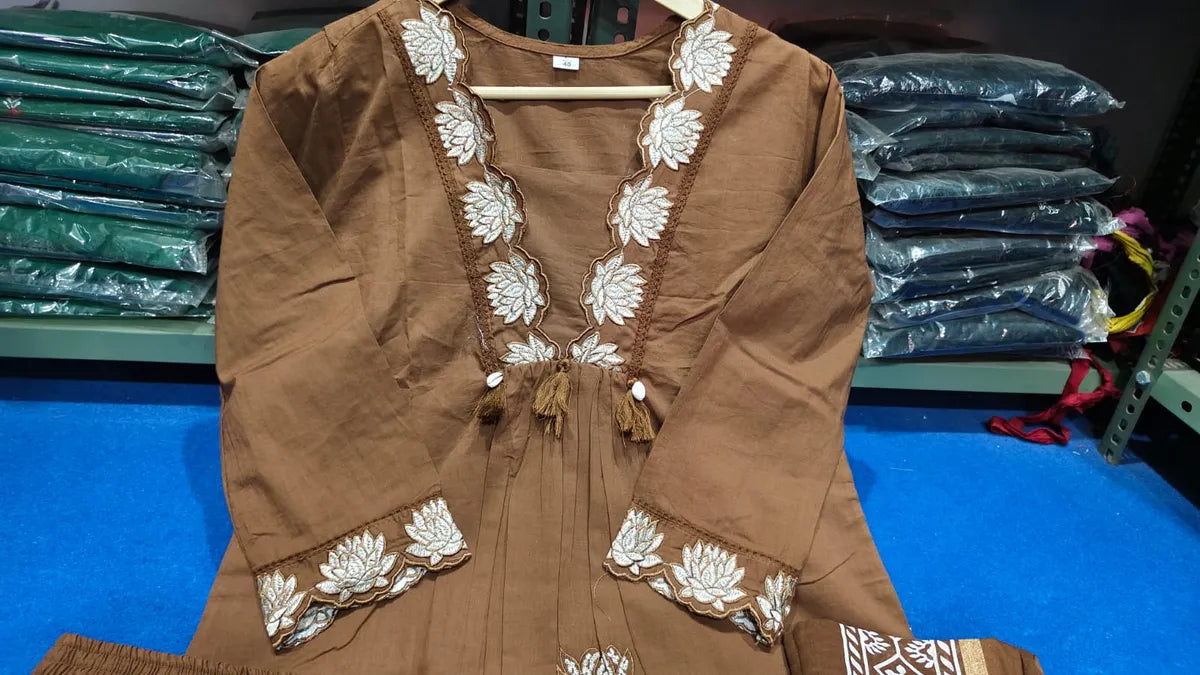 Coffee Embroidered Straight Kurta Set with Pants for Women