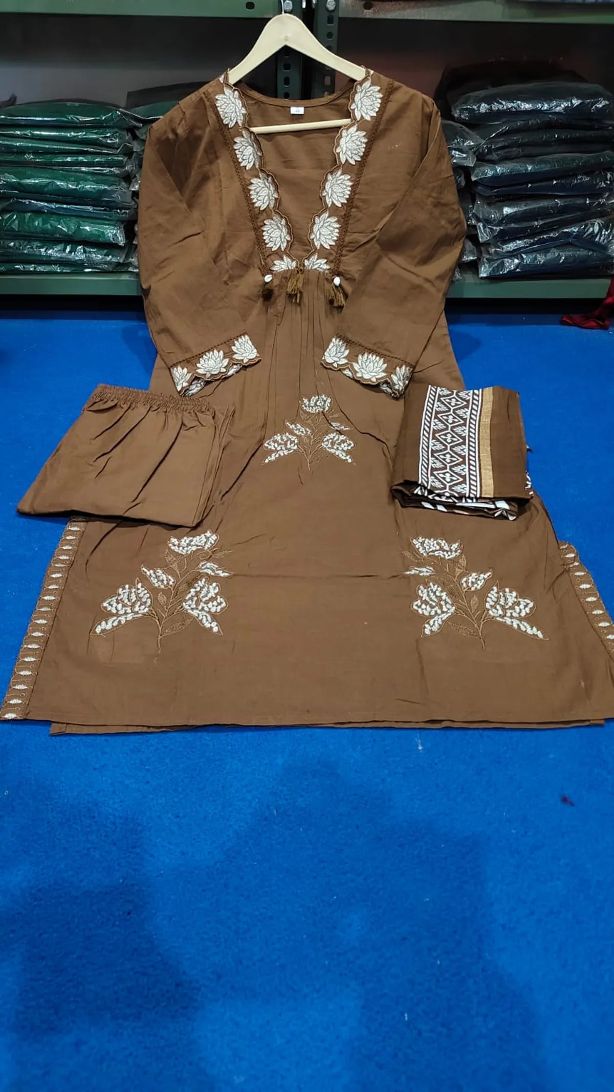 Coffee Embroidered Straight Kurta Set with Pants for Women
