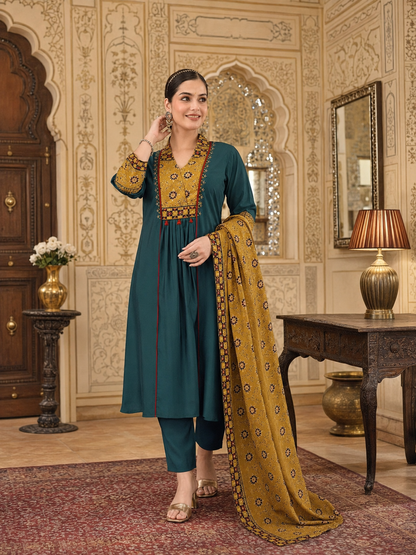 Teal Green Embroidered Anarkali Kurta Pant Set