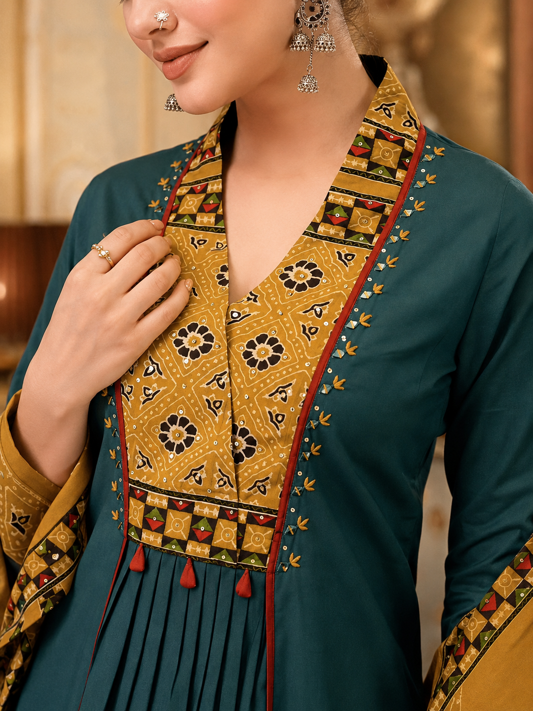 Teal Green Embroidered Anarkali Kurta Pant Set