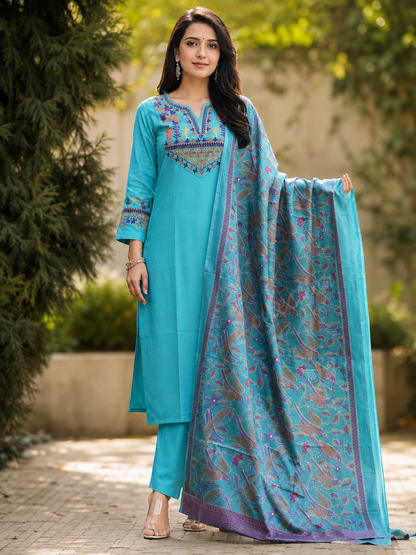Turquoise Blue Embroidered Kurta Pant Set