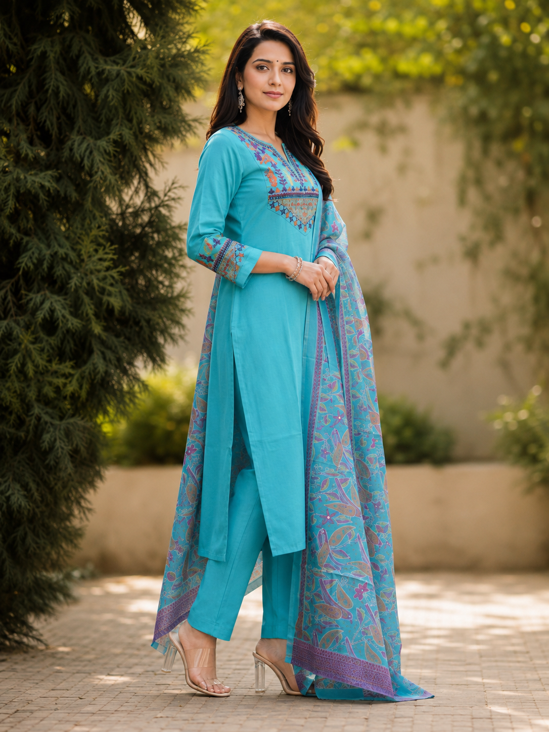 Turquoise Blue Embroidered Kurta Pant Set