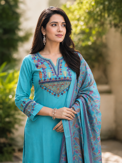 Turquoise Blue Embroidered Kurta Pant Set