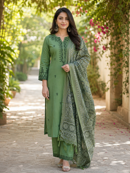 Olive Green Embroidered Kurta Pant Set