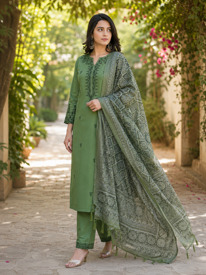 Olive Green Embroidered Kurta Pant Set