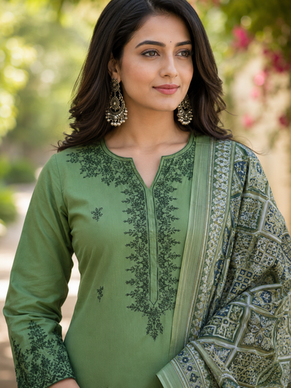 Olive Green Embroidered Kurta Pant Set