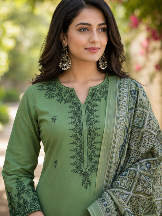 Olive Green Embroidered Kurta Pant Set