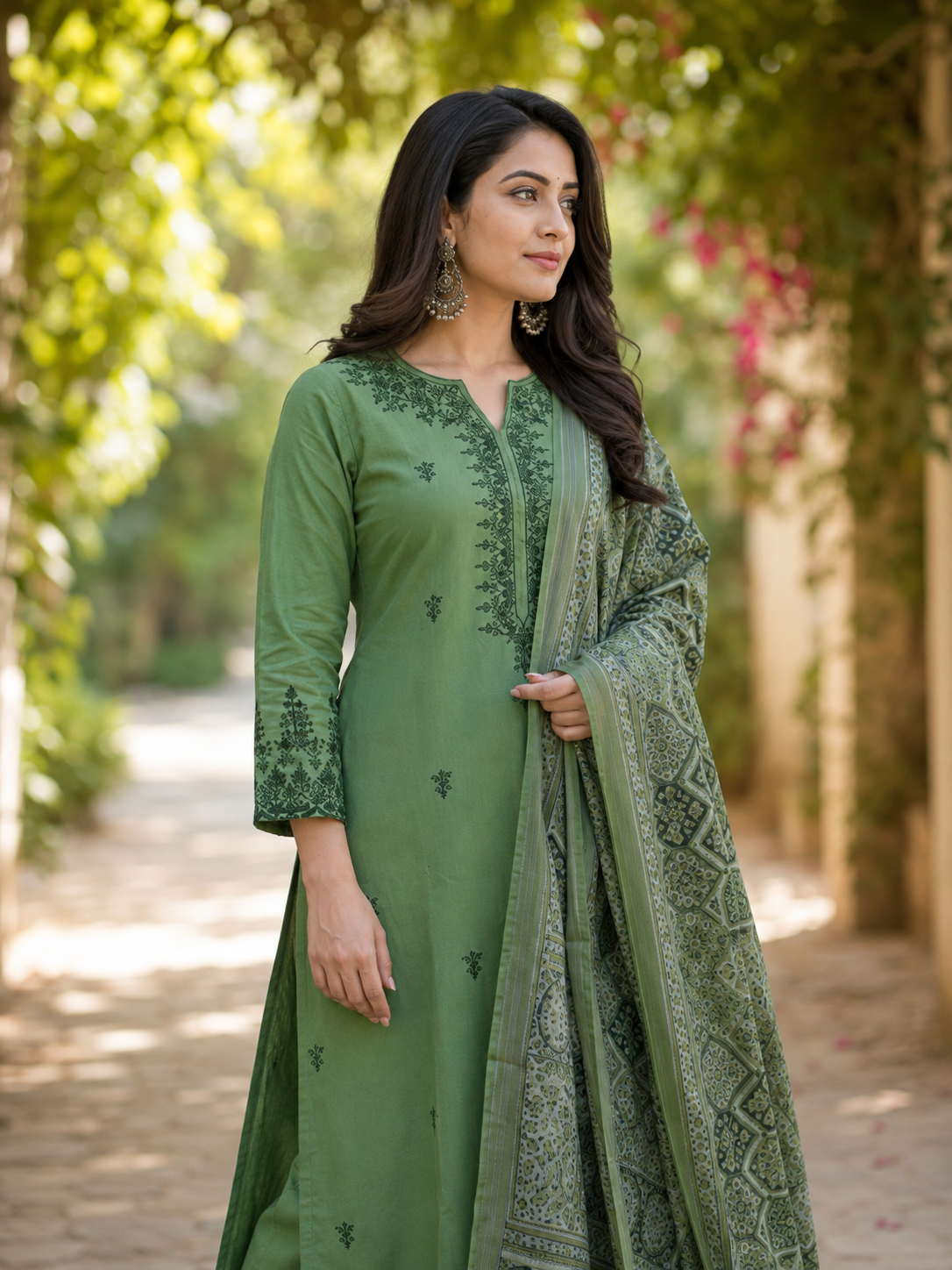 Olive Green Embroidered Kurta Pant Set