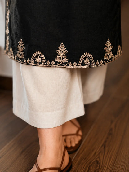 Embroidery Black Cotton Kurta Set with Palazzo Pants