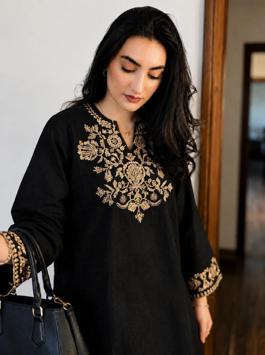 Embroidery Black Cotton Kurta Set with Palazzo Pants
