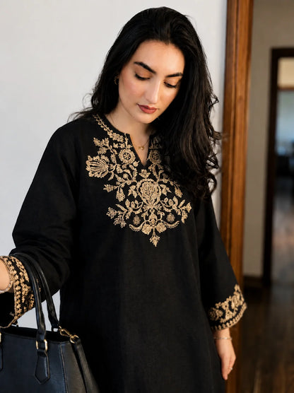 Embroidery Black Cotton Kurta Set with Palazzo Pants