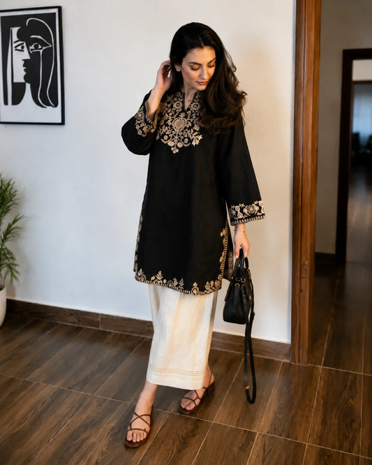 Embroidery Black Cotton Kurta Set with Palazzo Pants