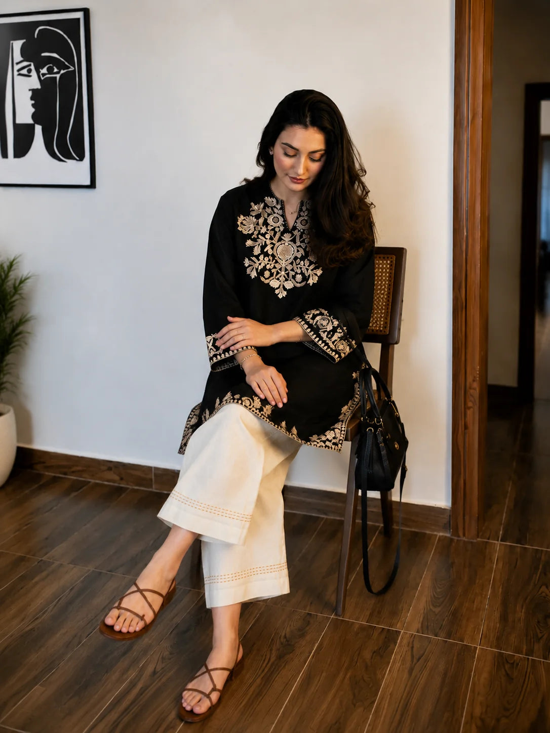 Embroidery Black Cotton Kurta Set with Palazzo Pants