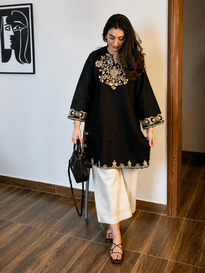 Embroidery Black Cotton Kurta Set with Palazzo Pants