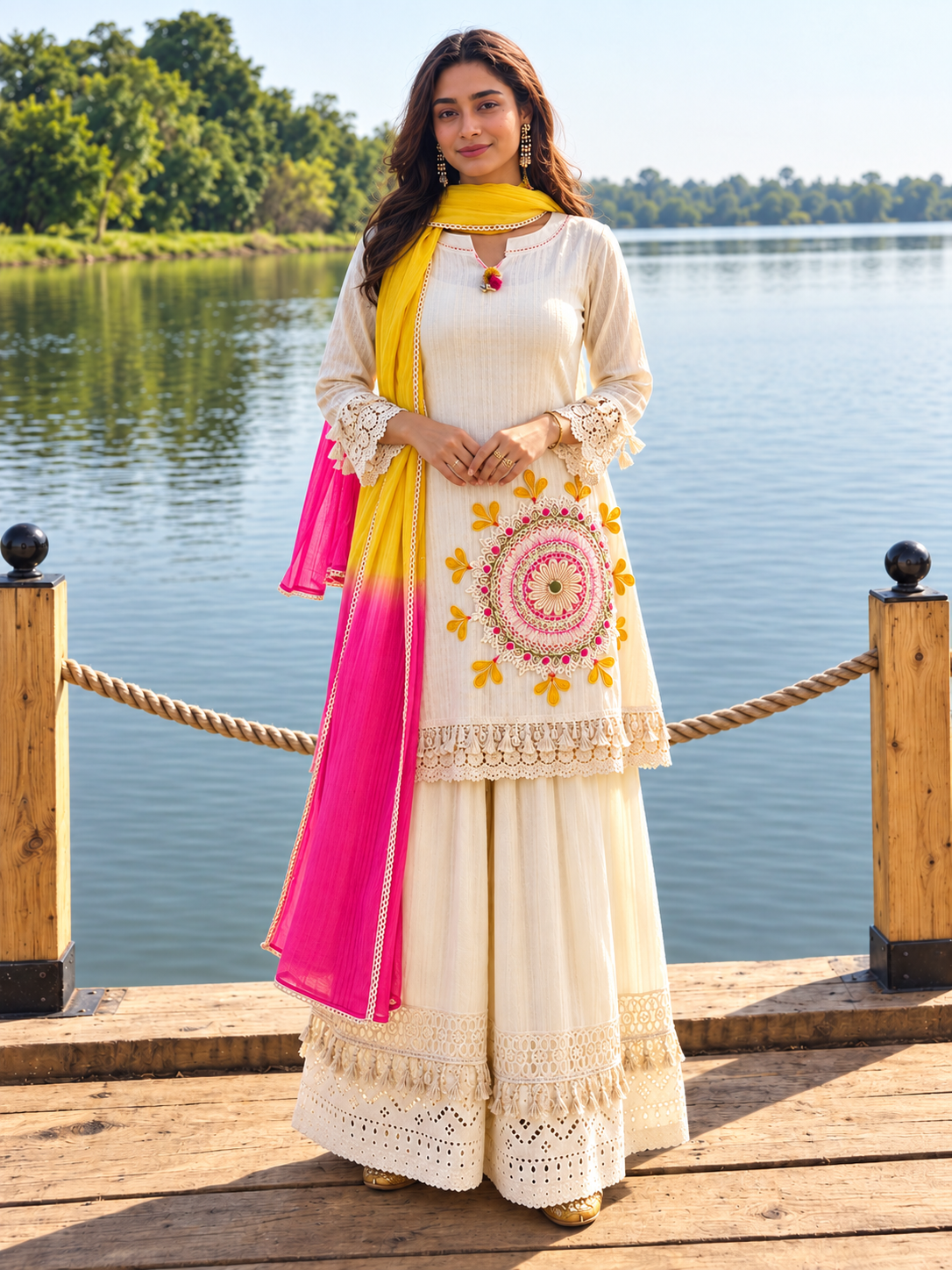 Pure Cotton Schiffli Embroidered Kurta Pant Lahariya Dupatta Set for Women