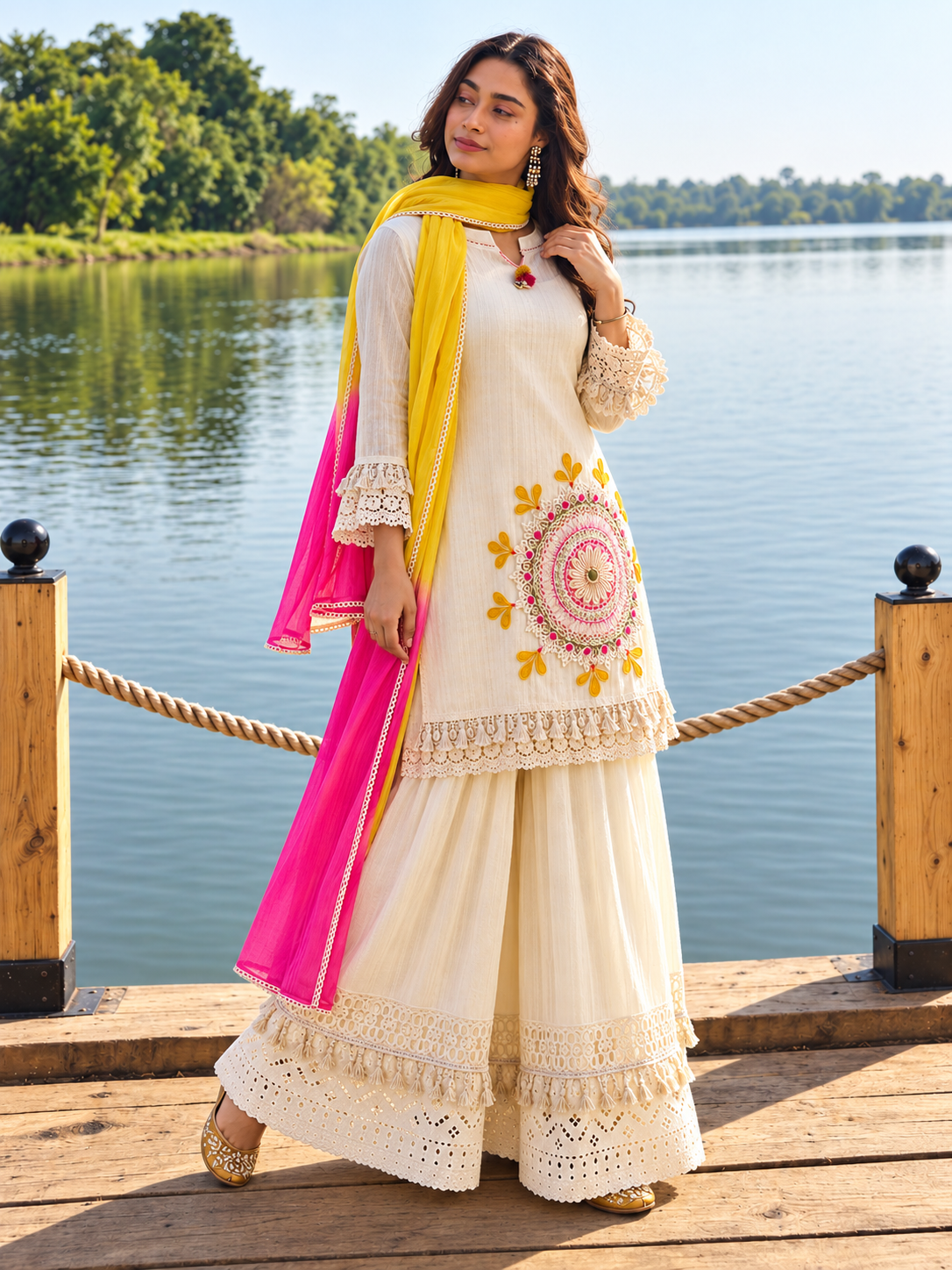 Pure Cotton Schiffli Embroidered Kurta Pant Lahariya Dupatta Set for Women