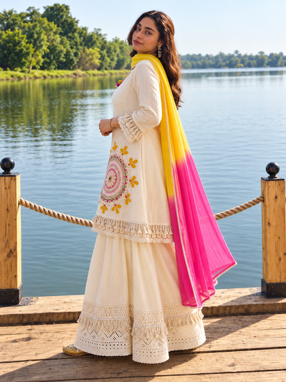 Pure Cotton Schiffli Embroidered Kurta Pant Lahariya Dupatta Set for Women