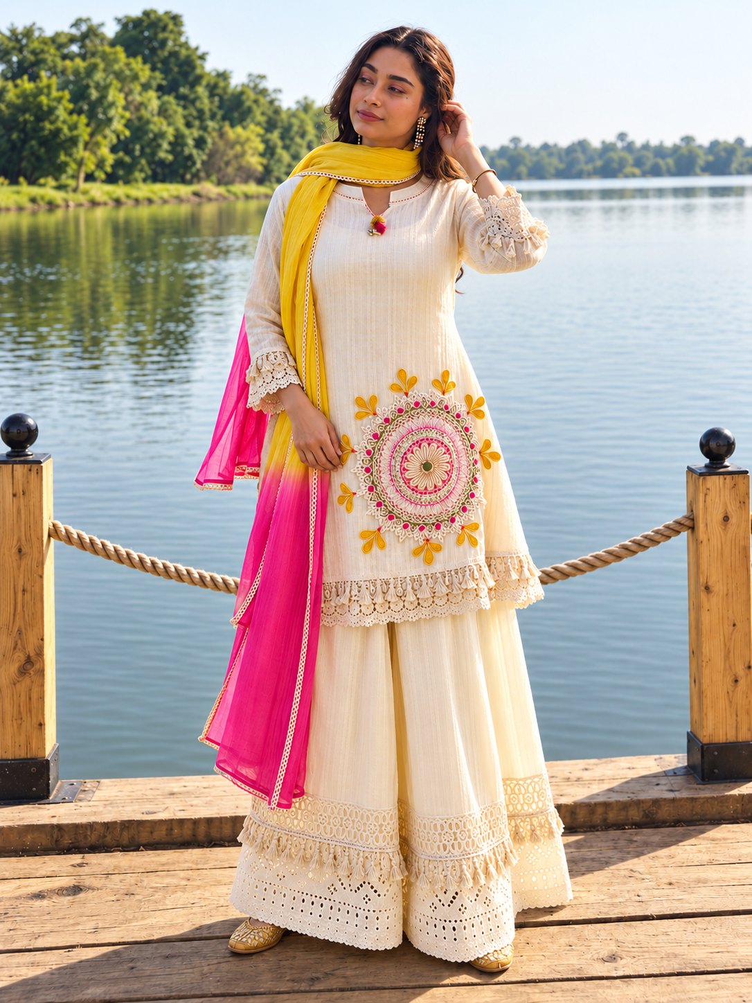 Pure Cotton Schiffli Embroidered Kurta Pant Lahariya Dupatta Set for Women