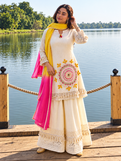 Pure Cotton Schiffli Embroidered Kurta Pant Lahariya Dupatta Set for Women