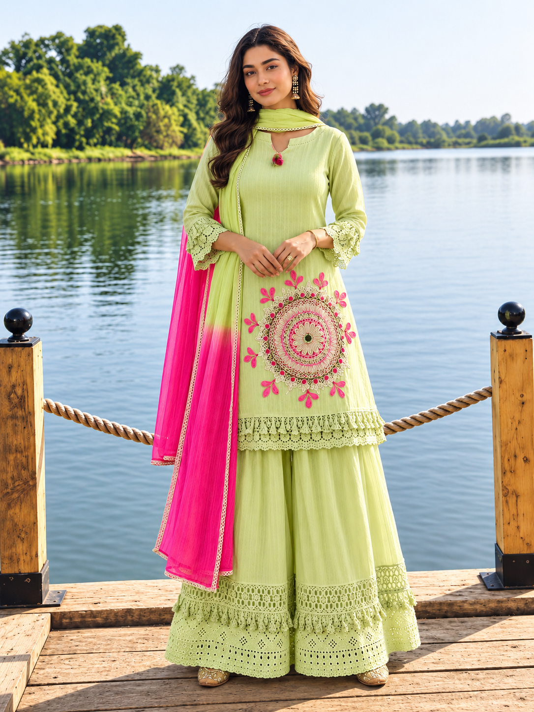 Pista Green Schiffli Embroidered Kurta Sharara Dupatta Set for Women